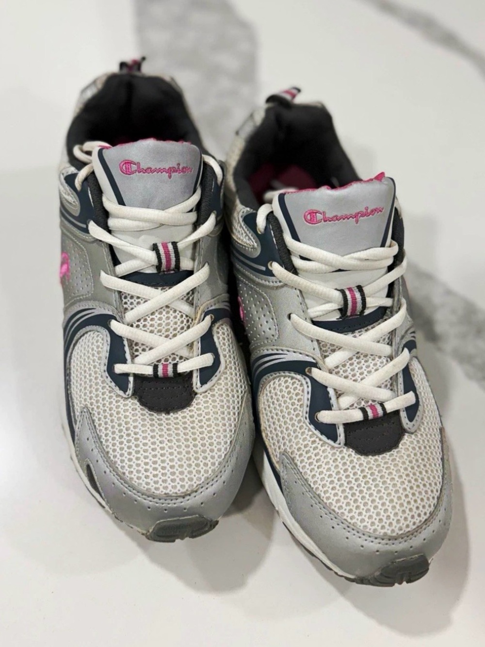Champion Gray White Pink Low Top Mesh Lace-Up Athletic Sneakers Style 83981